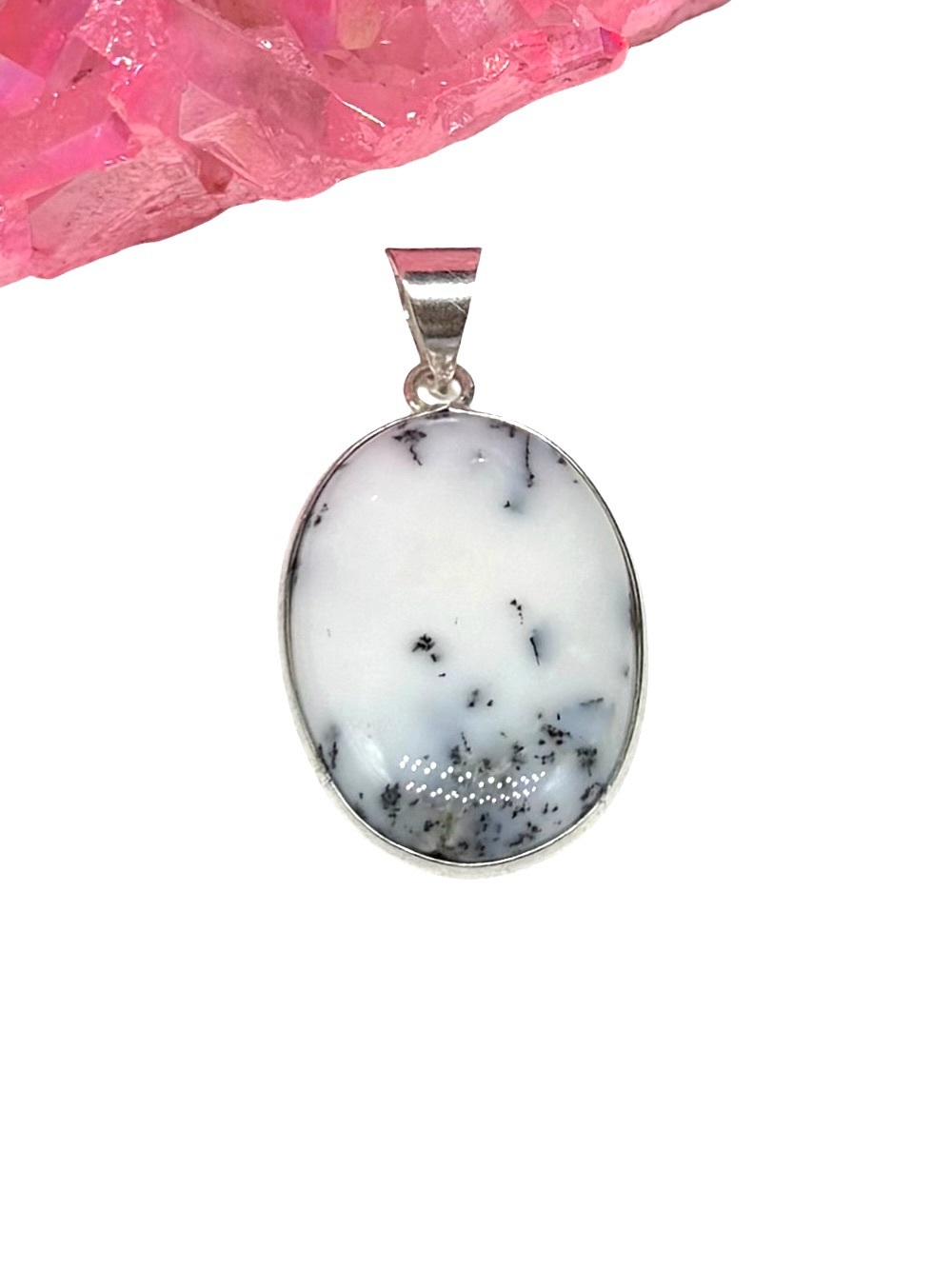 Dendritic Opal Necklace Pendant 925 Sterling Silver Overlay Oval Stone